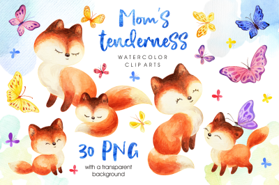 Mom&amp;&23;039;s tenderness. Watercolor foxes and butterflies