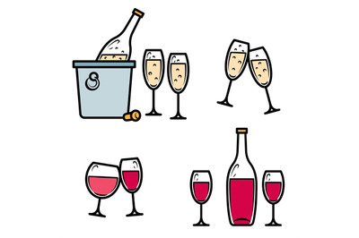 Drinking wine and champagne icon set