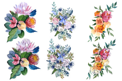 Bouquets with wildflowers, Roses, leaves Watercolor png