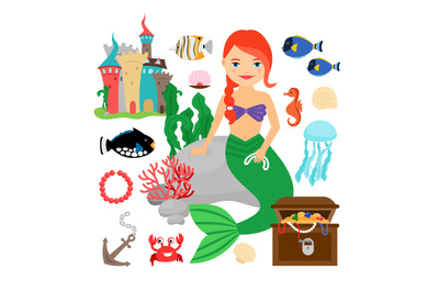 Cute mermaid with marine life