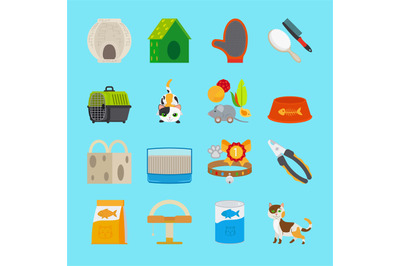 Pet cat toys and food icons