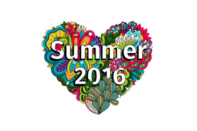 Doodle flowers heart with Summer 2016 text