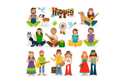 Hippie people vector icon set