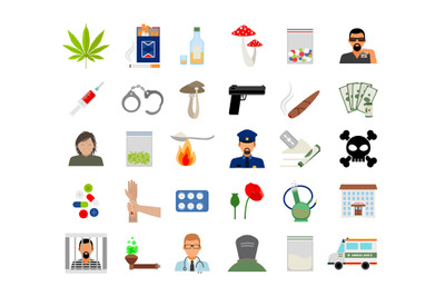 Drugs and addiction flat icons