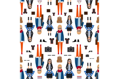 Girl hipster flat style seamless pattern