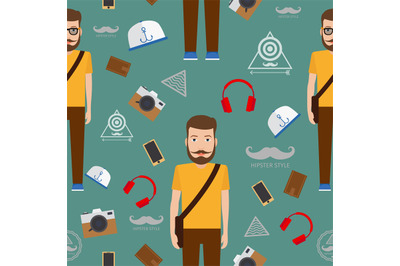 Man hipster flat style seamless pattern