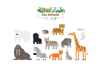 Zoo Animals Flat Design Icons Set