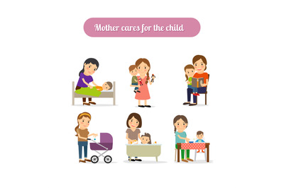 Mother cares for child characters set