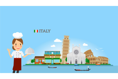 Italian Cuisine background with woman chef