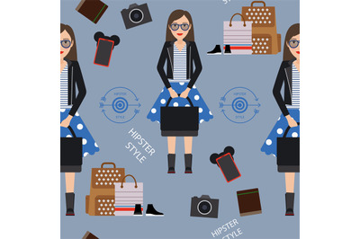 Beautiful girl hipster seamless pattern