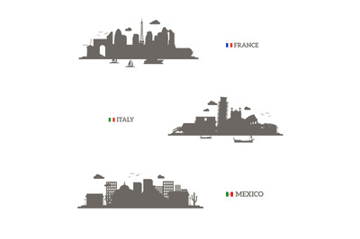 France&2C; Italy and Mexico skyline silhouettes