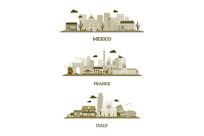 France, Italy and Mexico vintage skyline