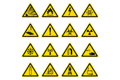 Warning and hazard symbols on yellow triangles vector collection