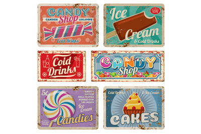 Vintage candy shop metal signs with rusty texture. Vector set