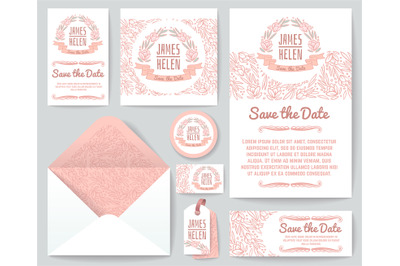 Vintage wedding invitation greeting cards vector template with hand dr