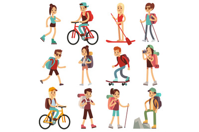 Travel happy people hiking outdoor actives. Vector flat characters set