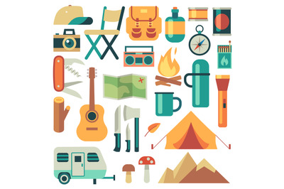 Tourists equipment and travel accessories vector set. Forest camping a