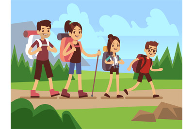 Happy family hikers. Autumn trekking outdoor adventure vector concept