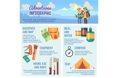 Outdoors adventure vector infographics with hiking and climbing equipm