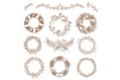 Christmas hand drawn wreaths, border frames with fir branch vector doo