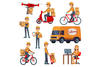 Cute cartoon courier vector characters with delivery box. Delivery by