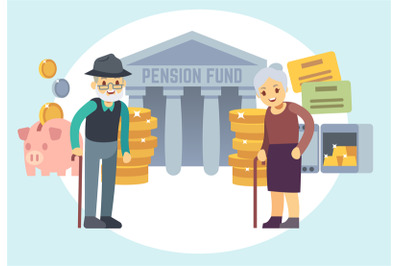 Happy senior old people saving pension money. Characters for retiremen