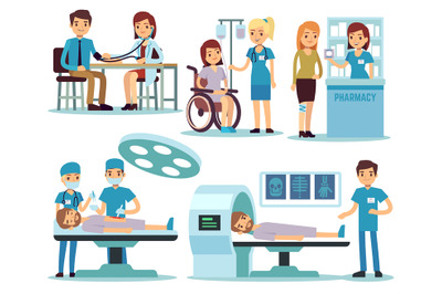 Medical patient and doctors in medical activity vector set