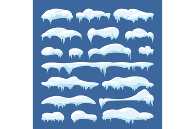 Cartoon snow caps, snowdrifts and icicles. Snowy christmas decoration