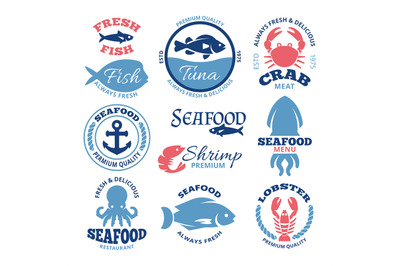 Seafood nautical vector vintage labels and restaurant emblems