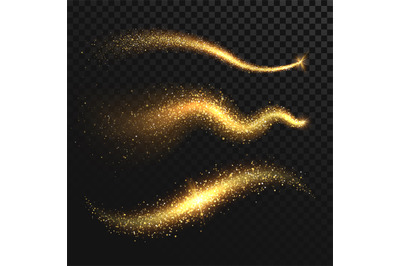 Golden glittering dust tails. Shimmering gold waves with sparkles vect
