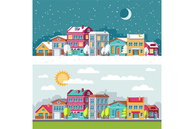 Winter and summer landscape with city houses flat vector illustration