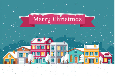 Christmas holiday vector greeting card with winter cityscape in snow