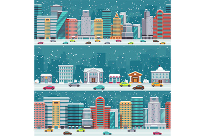 Winter city streets with cars and buildings. Christmas night cityscape