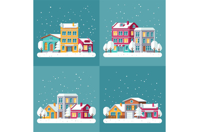 Christmas winter holiday vector backgrounds set with town streets