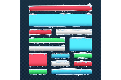 Banners and buttons with snow caps and icicles vector set