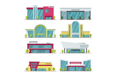 Contemporary shopping mall and store buildings vector icons