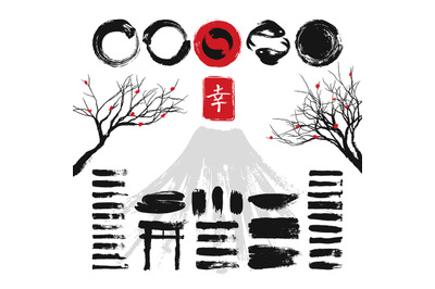 Japanese ink grunge art brushes and asian design elements vector set