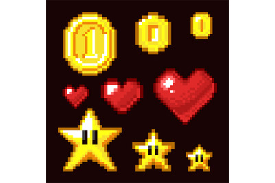 Video game 8 bit assets isolated. Coin, star and heart pixel retro ico