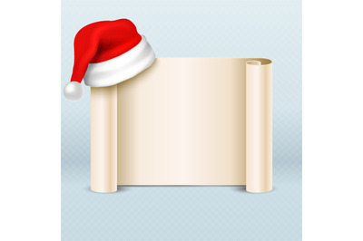 Blank paper parchment scroll with santa claus red hat. Xmas holiday ca