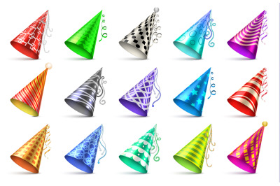 Cone paper hat with birthday decoration elements. Party caps isolated