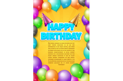 Happy birthday vector invitation card or poster with party hats and co