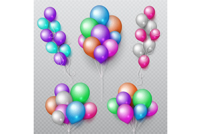 Color party flying balloons bunches isolated vector set