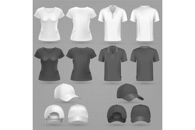 Male and female black white t-shirt and baseball cap vector 3d mockup