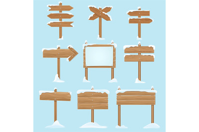 Cartoon wooden signs with snow. Christmas winter holidays vector eleme