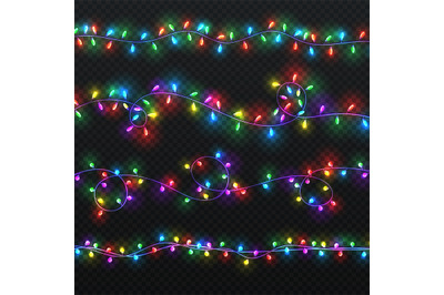 Christmas light garlands. Xmas vector decoration with colorful lightbu