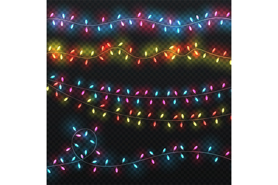 Festive christmas lights. Xmas lighting carnival holiday garlands vect