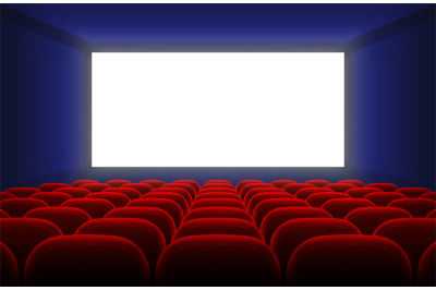 Realistic cinema hall interior with blank white screen and red seats v