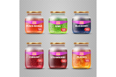 Realistic vector fruit jam glass jars isolated