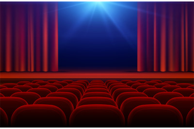 Cinema or theater hall with stage, red curtain and seats vector illust