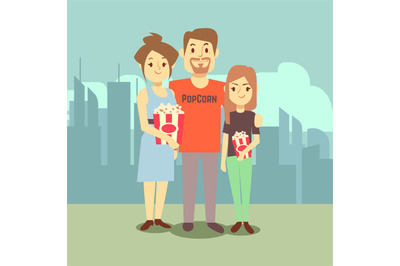 Cartoon happy family with popcorn on city landscape